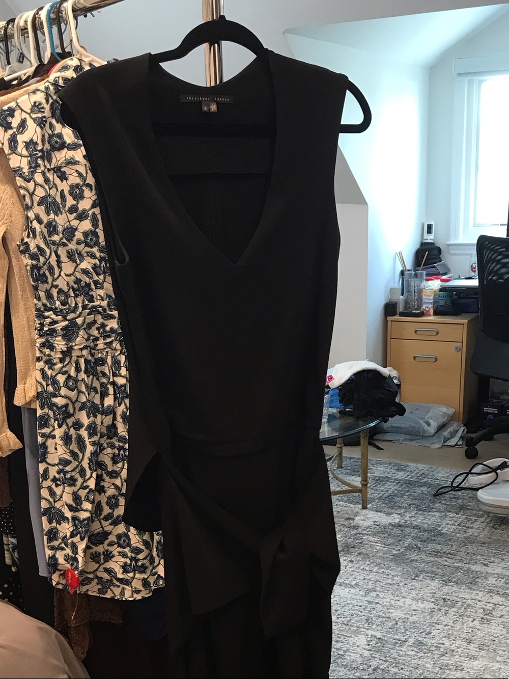 Theory Black One-Shoulder V-Neck Dress with Waist Tie